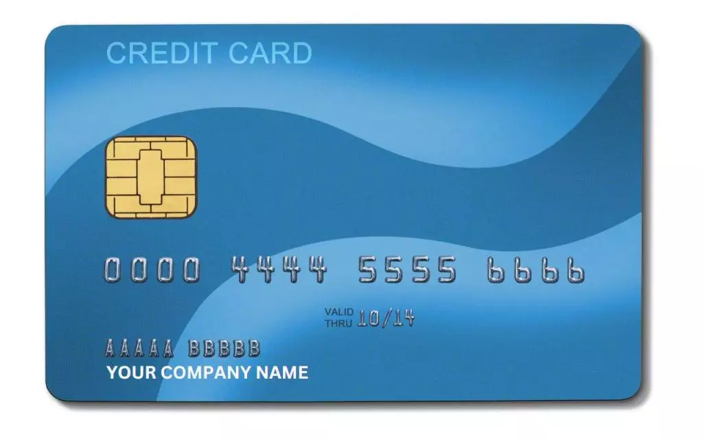 A blue credit card on a white background featuring expense tracking software.